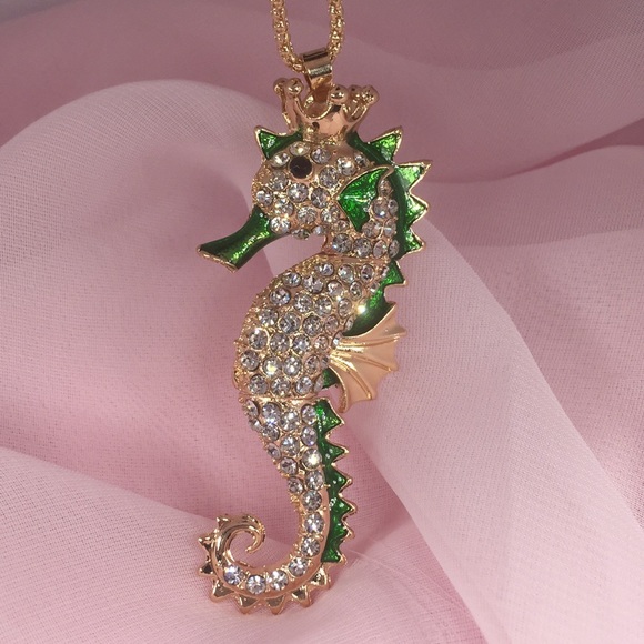 Jewelry - CLEAR RHINESTONES GREEN ENAMEL Seahorse NECKLACE